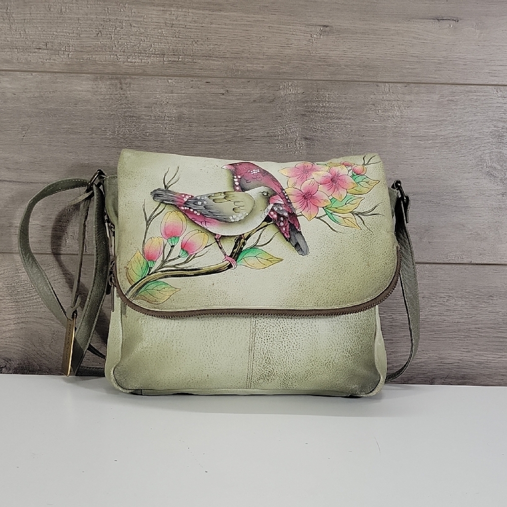 Anuschka Hand Painted Bird Retired Summer TRYST Crossbody Shoulder Bag Hobo